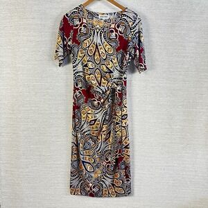 Shelby & Palmer Sheath Dress Size 8 Side Ruched Tie Gold Pailsey Old Money Artsy